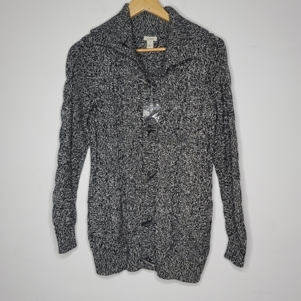 L.L. Bean Small Black White Knit Long Sleeve Button Down Wide Collared‎ Jacket
